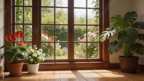 Indoor plants by a window with garden view