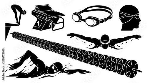 Swimming Vector Set with Swimmer Silhouettes, Starting Block, Swim Goggles, and Lane Line Icons