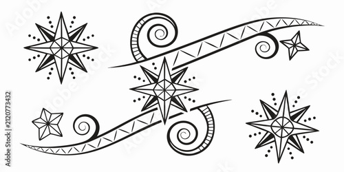 Celestial star symbols and ornate swirl dividers with geometric patterns in black ink style on a white background