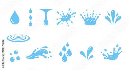 Water splash and drop icons. Blue liquid elements for graphic design and web interface.