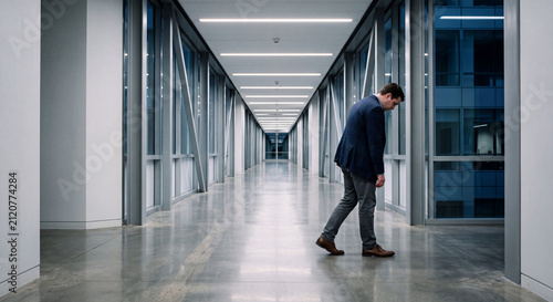 Stressed businessman walking down a long empty modern office corridor with head bowed down after business failure