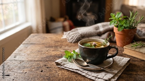 Cozy Tea Moment: A steaming cup of herbal tea sits on a rustic wooden table, with a cozy blanket and a potted herb in the background, creating a warm and inviting atmosphere.