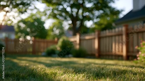 Summer hot vibe lifestyle. A vivid outdoor scene captured during the golden hour. The main subject is a lush green lawn with a wooden fence in the background. The sun casts a warm.
