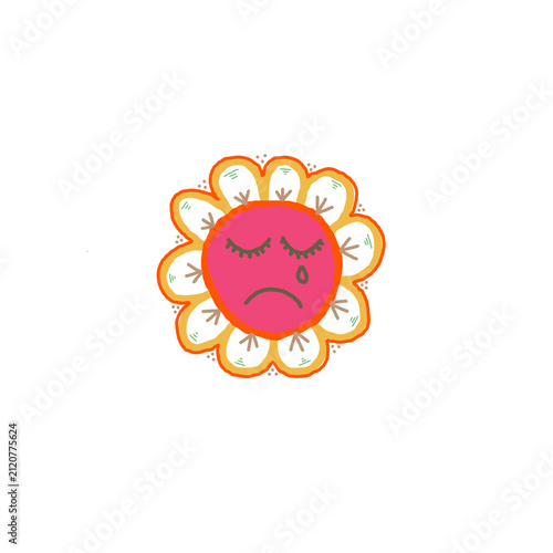 Sad crying flower illustration with teardrop isolated on transparent background, hand drawn cartoon flower character with closed eyes and unhappy face, depression or heartbreak visual concept