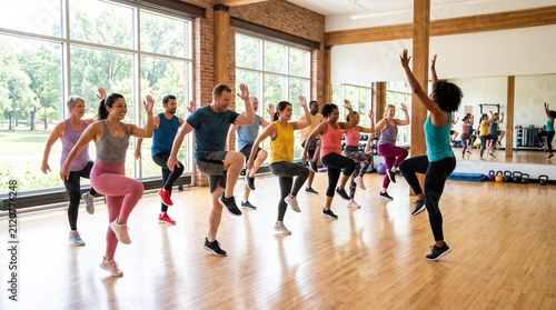 Dance Fitness Class: A group of energetic individuals participates in a dynamic dance fitness class, led by an instructor, in a spacious studio with large windows.