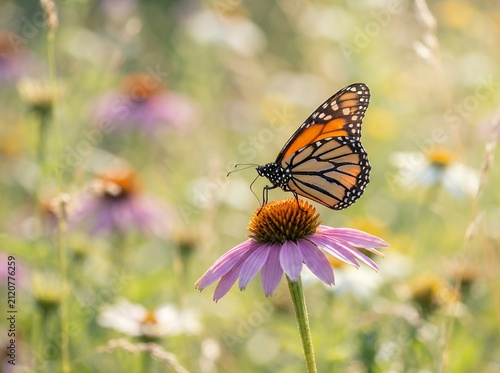 Monarch butterfly resting on a purple coneflower in a sunlit meadow.