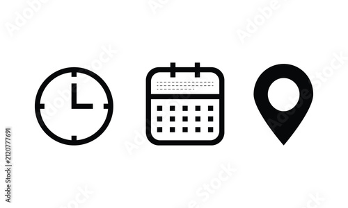 date time location icon, calendar date icon, location icon, icon set, symbol