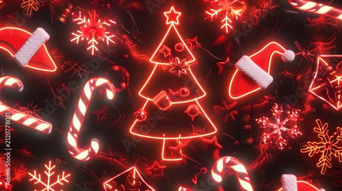 Neon Christmas Pattern Background of Christmas Tree
