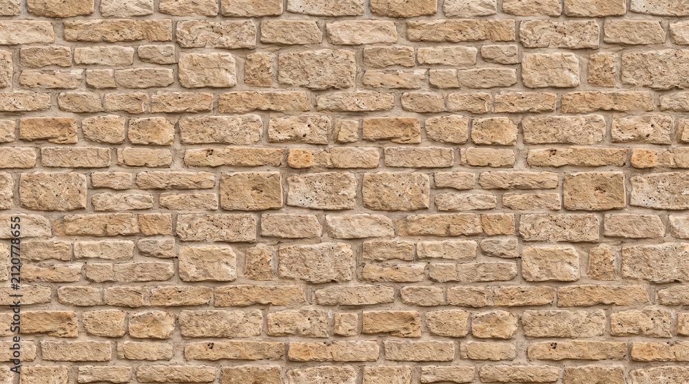Fototapeta premium Rustic Beige Brick Wall Texture Seamless Background Natural Masonry Pattern Interior Exterior Design Wallpaper Surface, 8K image 