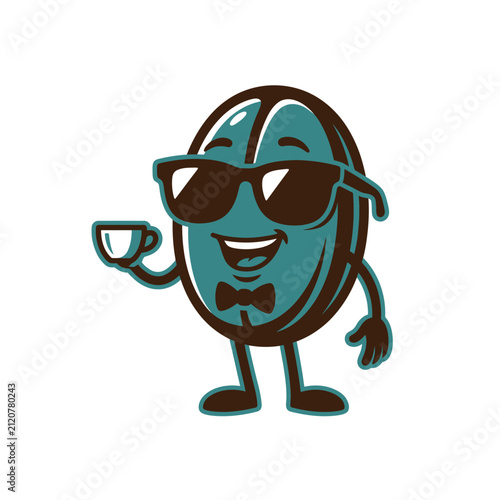 A cool cartoon coffee bean character wearing sunglasses and a bow tie