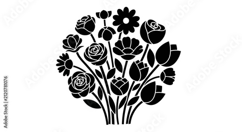 Black silhouette bouquet of roses tulips with illustration arrangement background stylized flowers daisies graphic floral simple white with icon