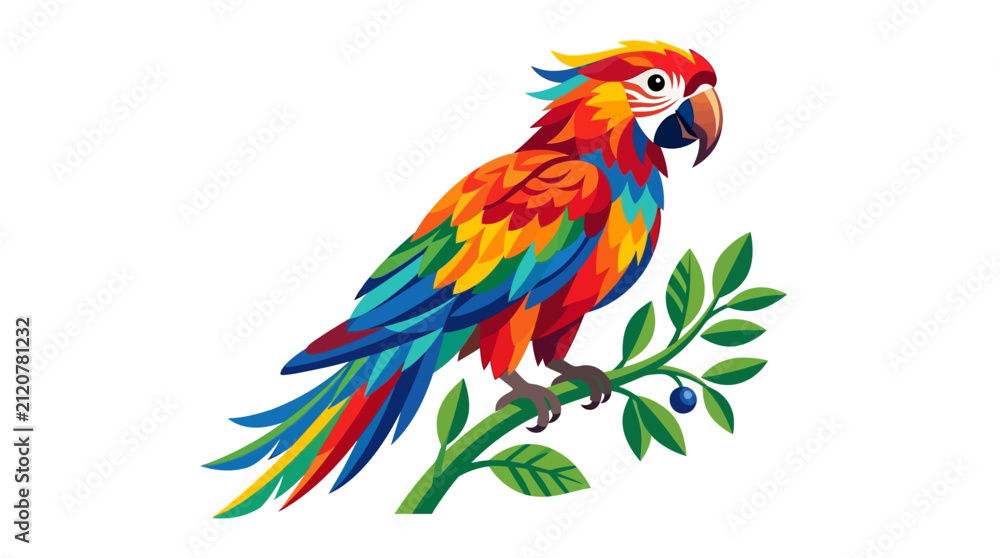 Fototapeta premium Colorful Tropical Macaw Parrot Perched on a Branch Illustration