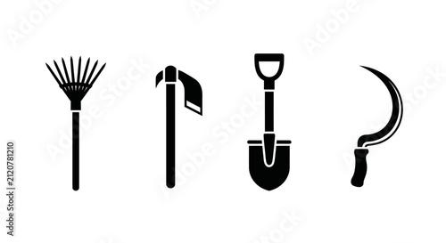 Konstfotografi Four black farm tools on white background with agriculture equipment gardening s