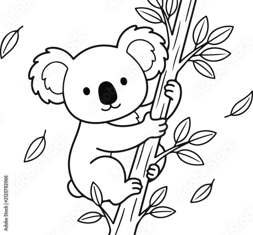 Photography Cute koala bear climbing a tree branch black and white line art drawing