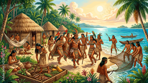 Ancient Village Scene with Dancing People near a Tropical Beach
