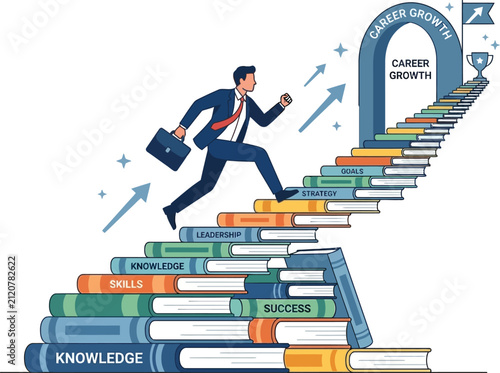 Businessman runs up a staircase made of books to reach the peak of his career development.