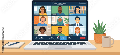 Laptop displaying a grid of diverse professionals during a remote video conference meeting on a desk.