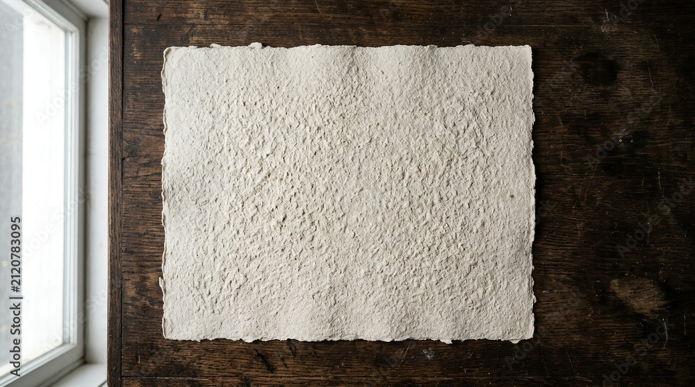 Obraz premium Textured handmade paper sheet on rustic wooden table near window.