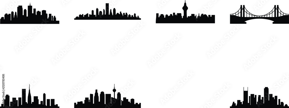 Fototapeta premium Set of Seven Black City Skyline Silhouette Vector Icons Featuring Urban Architecture and Landmark Bridge
