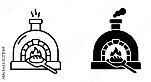 Pizza Oven Icons, Wood Fired Bakery Stove Vector Set, Rustic Bread Baking Equipment