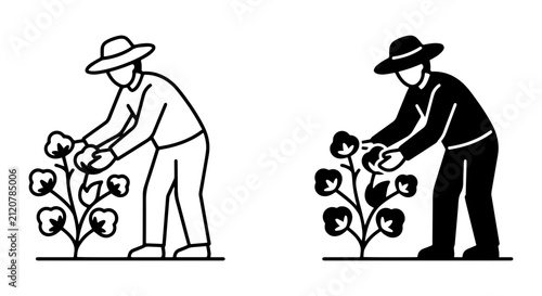 Farmer Harvesting Cotton, Agricultural Worker Picking Plants, Rural Industry Icon Set
