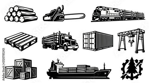 Timber Industry and Wood Logging Logistics Vector Set
