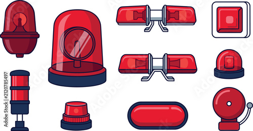 Emergency warning light collection featuring red sirens, flashing beacons, alarm lights, emergency bell, and safety alert devices flat vector illustration