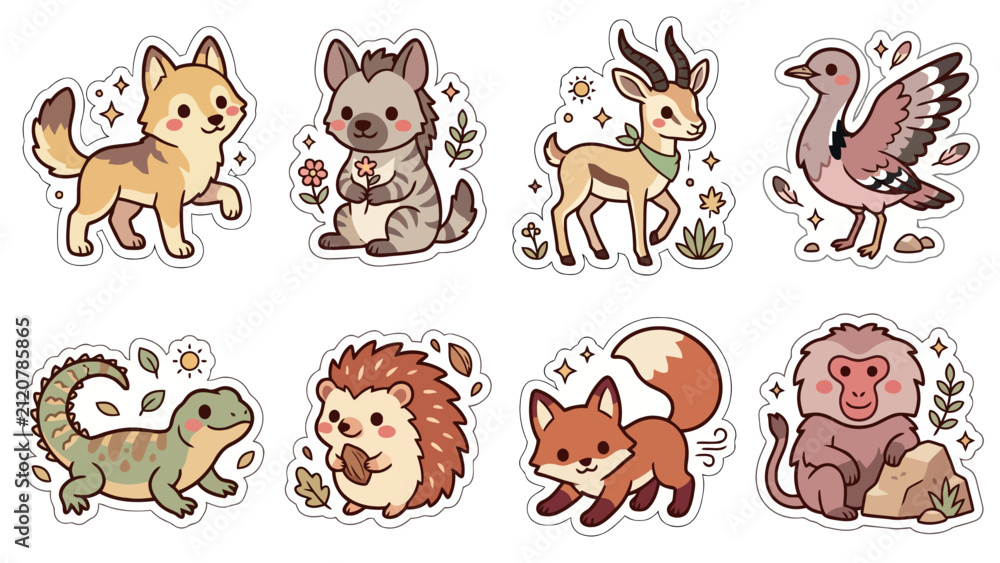 Obraz premium Kawaii sticker collection of cute cartoon animals with cultural heritage themes