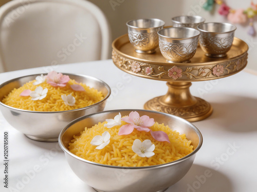 Bowls of rice with floral decorations