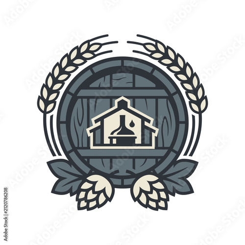 Craft brewery logo with barrel and hops.