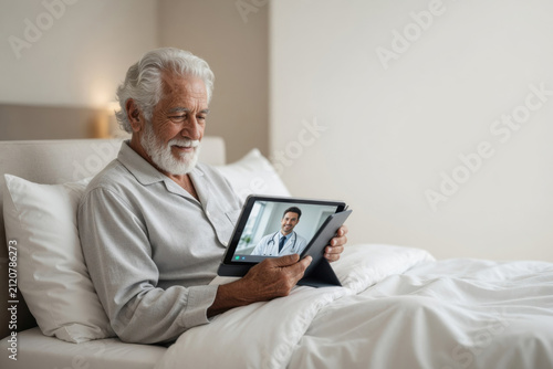 Senior man telemedicine tablet bed, elderly patient doctor video call, online healthcare comfort, remote medical consultation, modern technology home care Elderly telehealth consultation concept