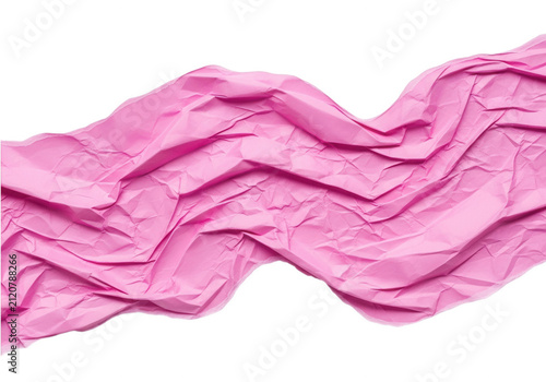 Long strip of crumpled pink paper texture flowing in a wave shape isolated on a high quality transparent background