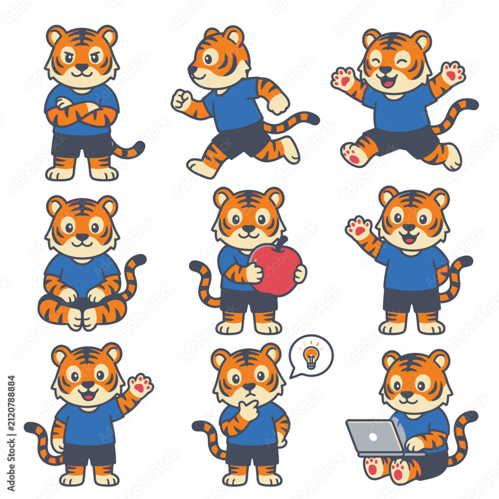 Fototapeta premium Cartoon tiger mascot set in blue shirt and shorts.