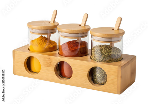 Spices in glass jars with bamboo lids on a wooden rack isolated on transparent background for kitchen organization