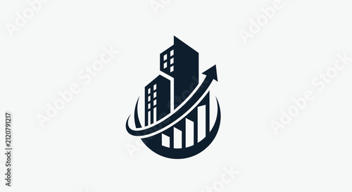 Growing business buildings with increasing arrow with graphic buildings upward arrow indicating growth architecture development skyscraper with progress