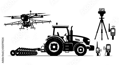 Precision agriculture technology with tractor with white illustration tractor drone various precision technology devices black white controller