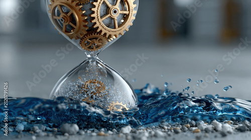 Mechanical gear hourglass water splash time concept surreal technology motion Mechanical gear hourglass with golden cogwheel cluster above dynamic water splash, symbol of time pressure