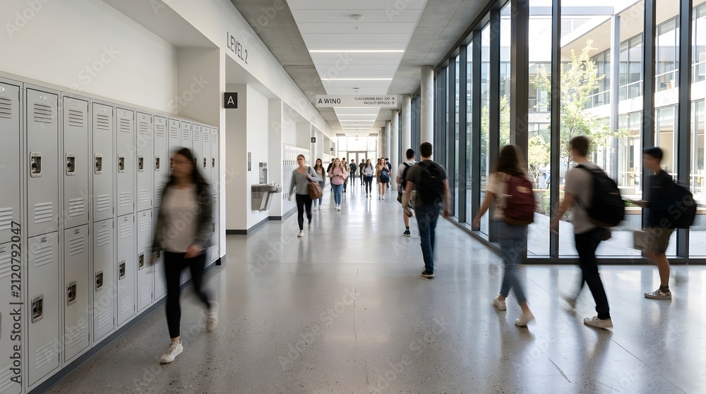 Fototapeta premium Students walking through a modern school hallway