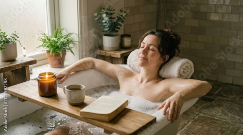 Relaxing woman enjoying tea on outdoor couch