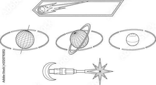 Space Exploration Line Art Set with Planets Comet Banner and Futuristic Telescope Icon