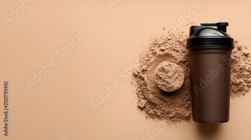 Essential fitness protein powder, scoop, and dark shaker bottle for active nutrition