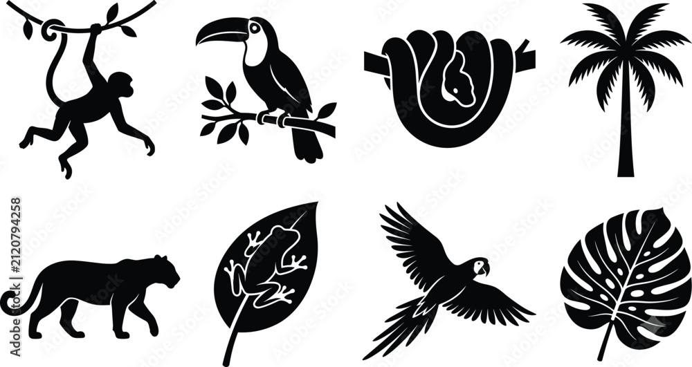 Fototapeta premium Silhouette Collection of Tropical Rainforest Animals and Plants in Vector Style
