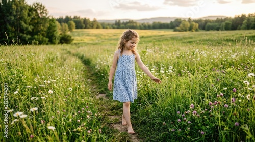 A young girl walks barefoot through a wildflower meadow. She is smiling and reaching out to touch a flower.