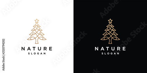 Golden Monoline Nature Tree Logo with Star - Minimalist Pine Design Concept