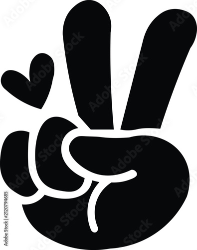 Peace Hand Sign with Heart Silhouette Vector  Victory Gesture Icon  Love Symbol Illustration