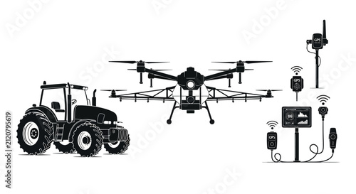 Obraz na plátně Agricultural drone and tractor with gps technology with various gps devices whit
