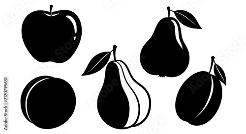 Black silhouettes of apples and pears on white background with pears leaves five black illustration elements graphic healthy shapes simple with design
