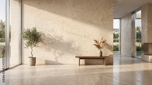 Modern Minimalist Interior Room with Natural Sunlight and Textured Beige Stone Wall Backdrop for Home Decor Presentation