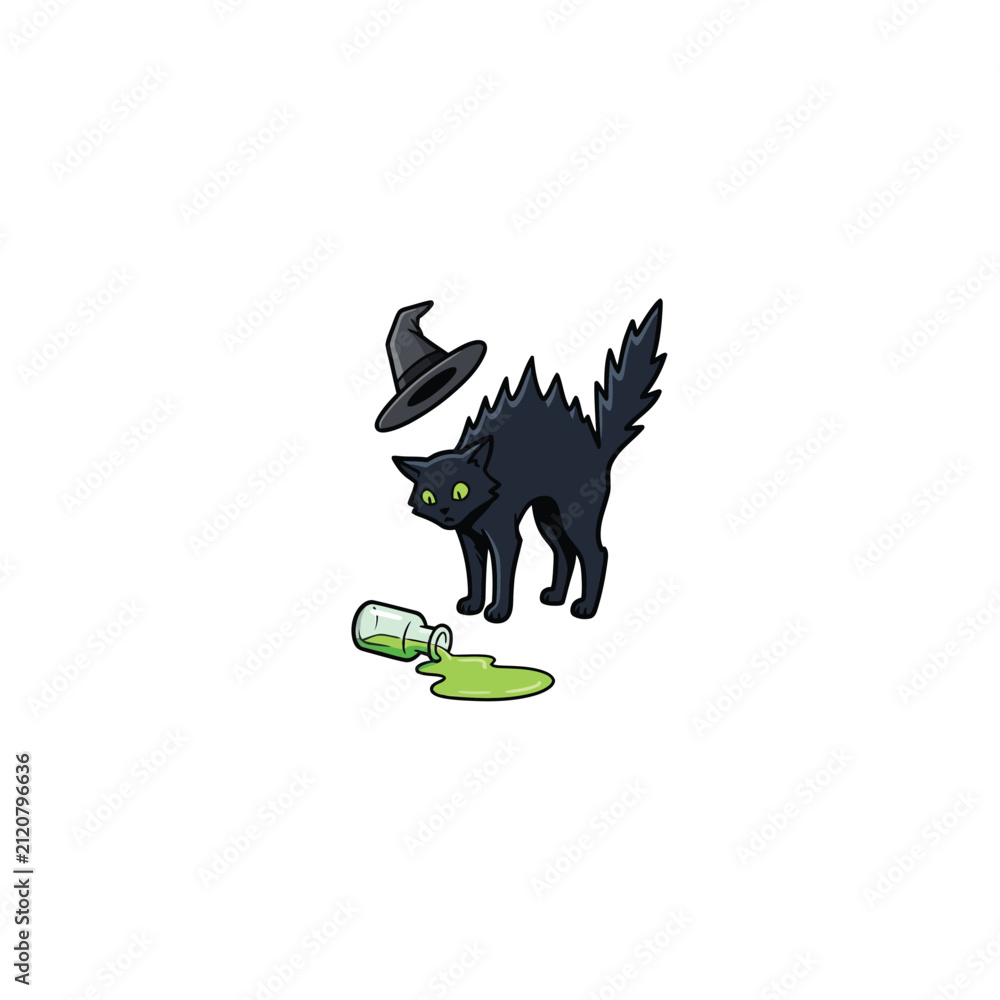 Fototapeta premium Illustration Of A Black Cat With Green Eyes Wearing A Witch Hat, Beside A Spilled Potion Bottle On The Ground, Halloween Magic Scene Vector Illustration