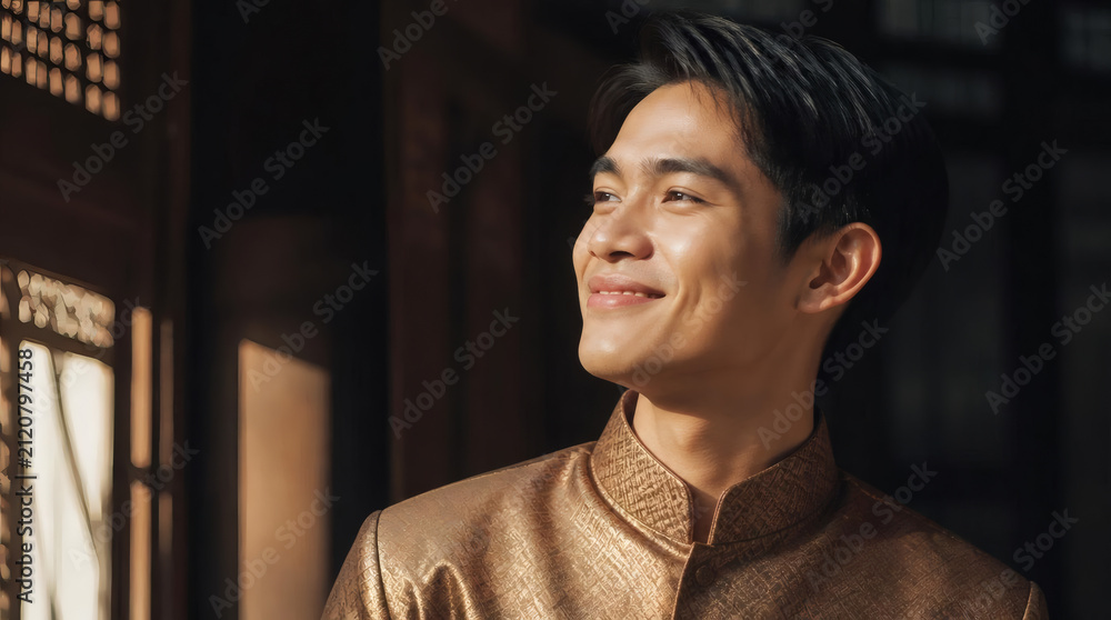 Obraz premium Young Man Smiling in Traditional Gold Outfit Warm Sunlight Indoor